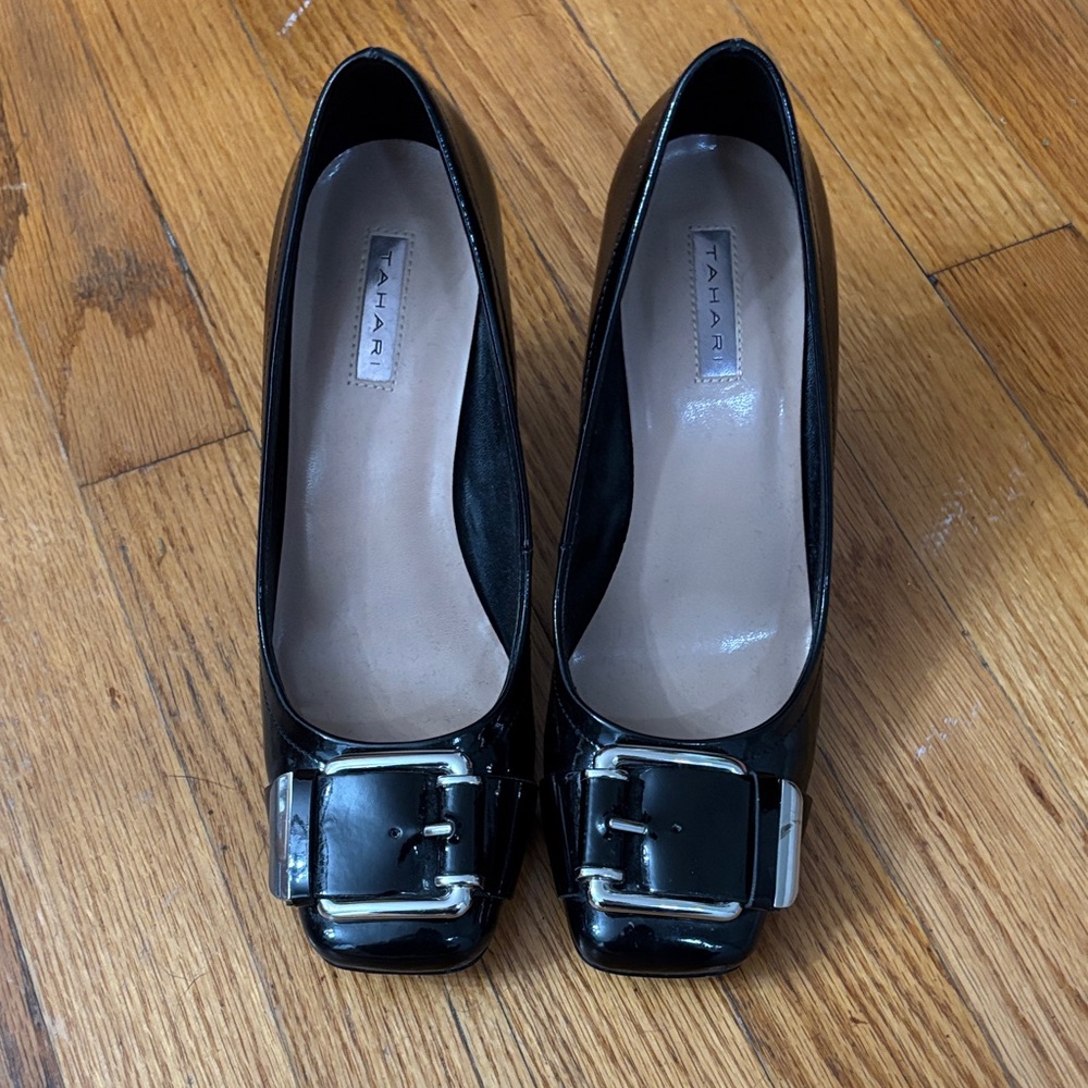 Tahari Black Patent Heels with Buckle